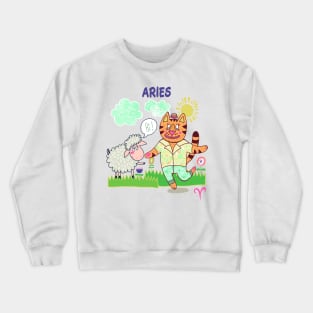 Zodiac Fun Aries Sheep and Cat Crewneck Sweatshirt